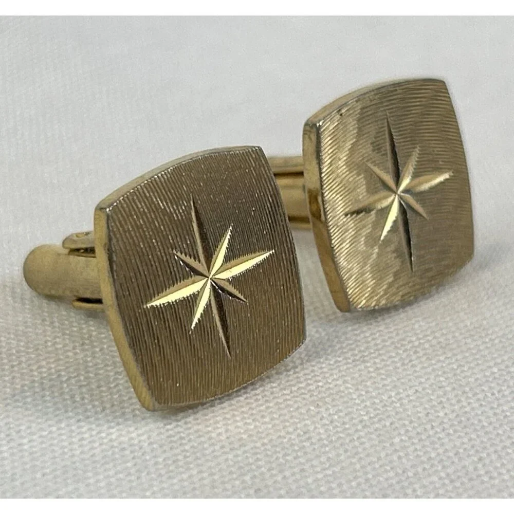 Vintage Gold Tone Starburst Cufflinks Square Design Mens Accessories - Picture 3 of 7